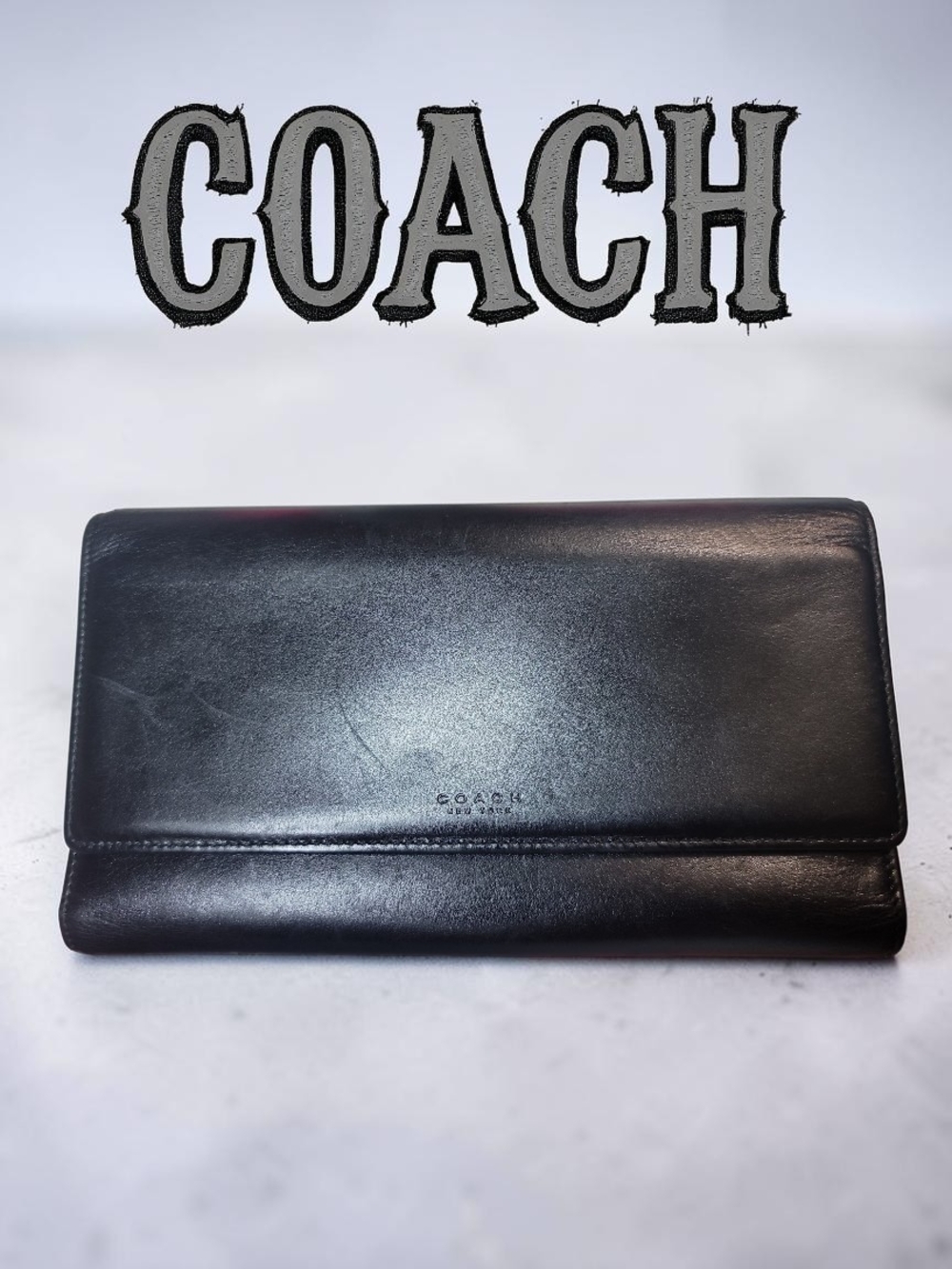COACH VTG Blk Leather Trifold Checkbook Continental Wallet Made In Spain Prelove